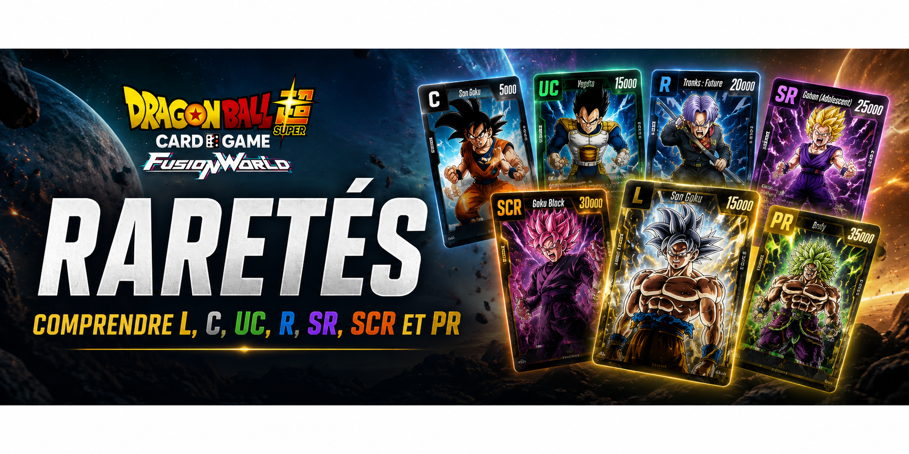 Raretés Dragon Ball Super Card Game Fusion World : comprendre L, C, UC, R, SR, SCR et PR