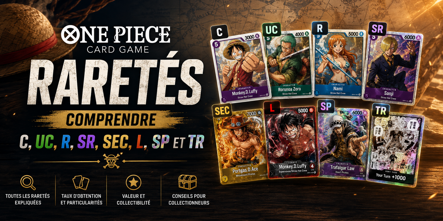 Raretés One Piece Card Game : comprendre C, UC, R, SR, SEC, L, SP et TR