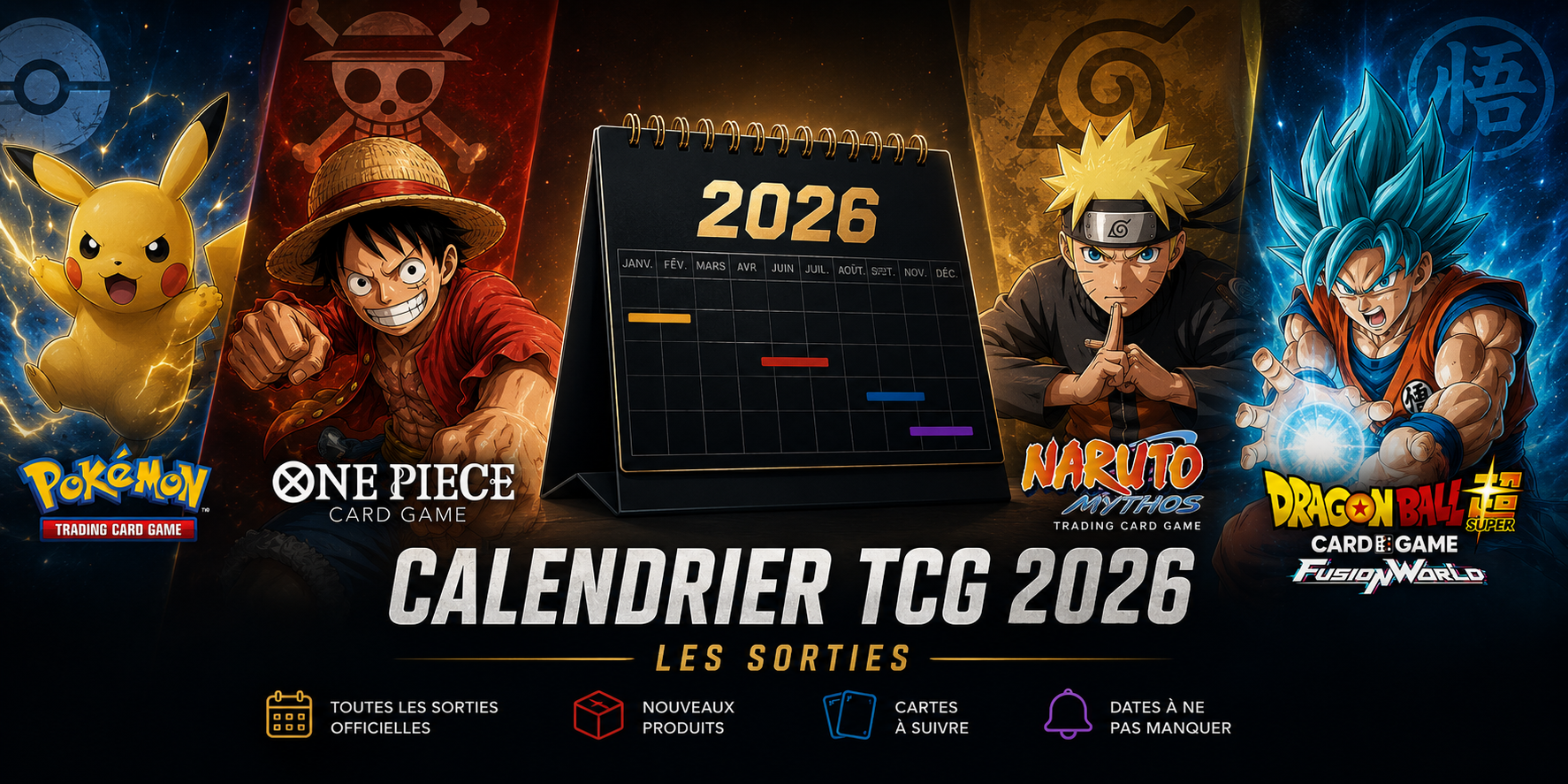Calendrier TCG 2026 : les sorties Pokémon, One Piece, Naruto Mythos et Dragon Ball