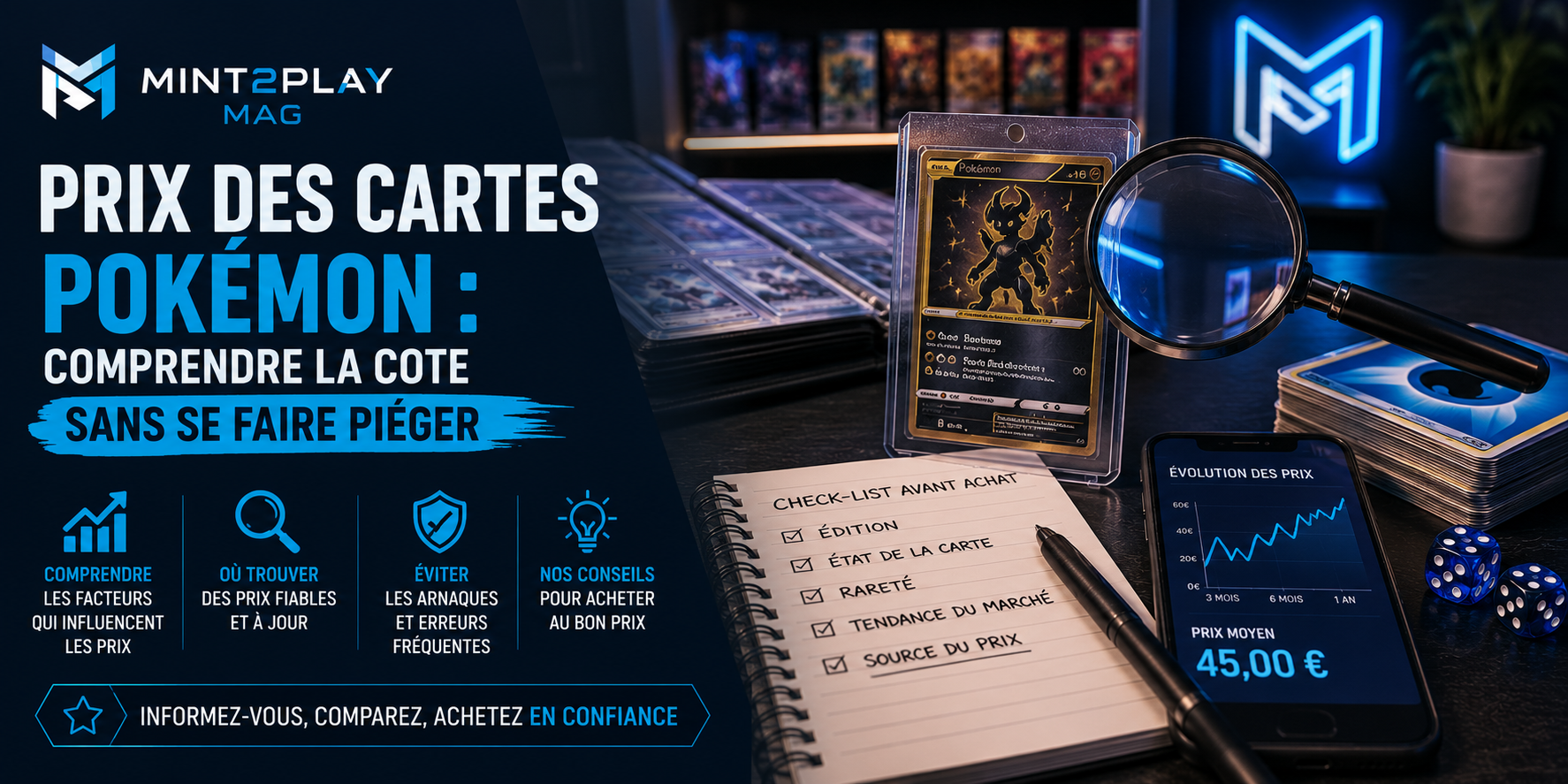 Prix des cartes Pokémon avec loupe cote rareté état et protection
