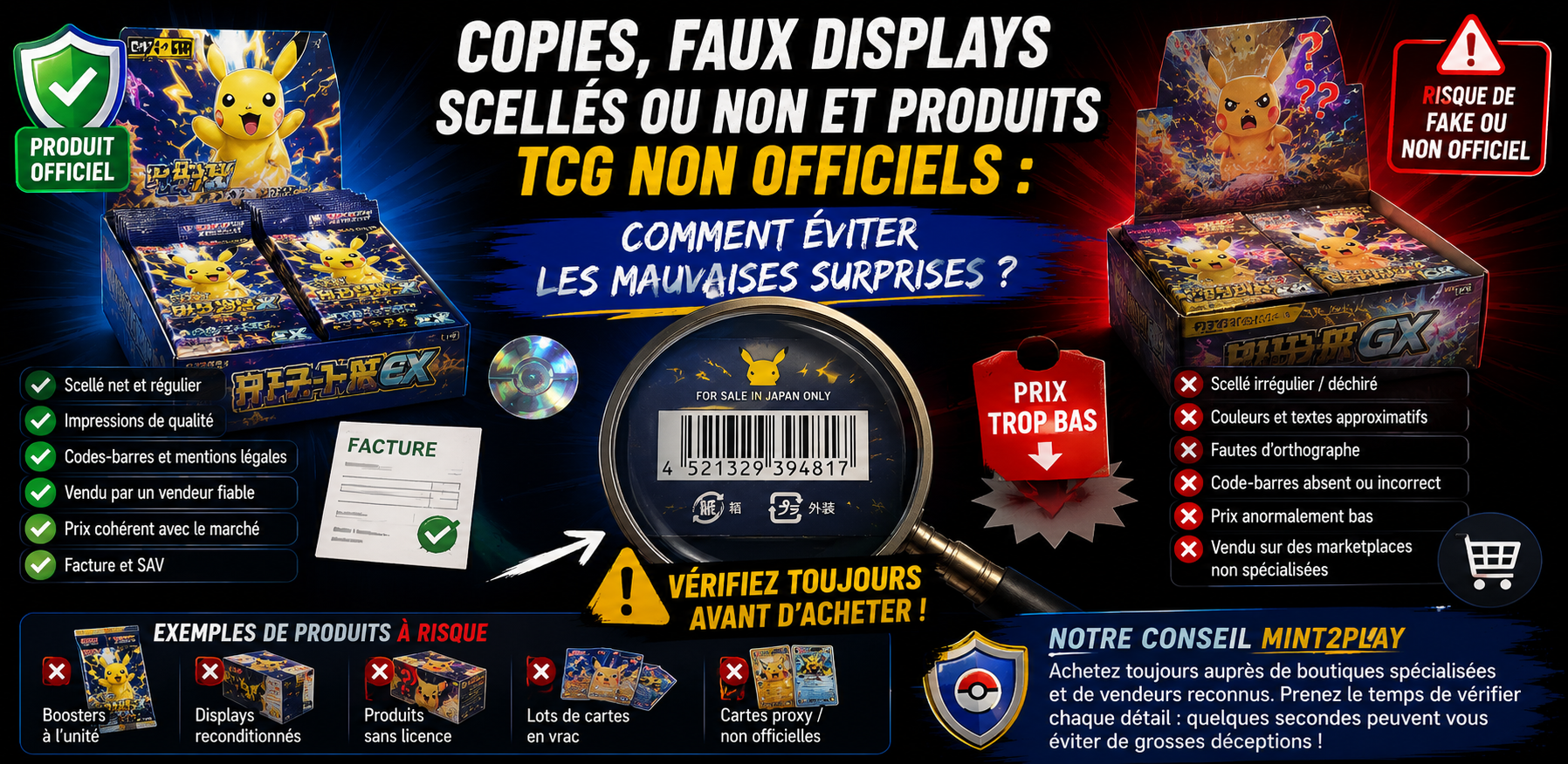 Produits TCG officiels avec faux displays, produits resealed, copies et contrefaçons à éviter