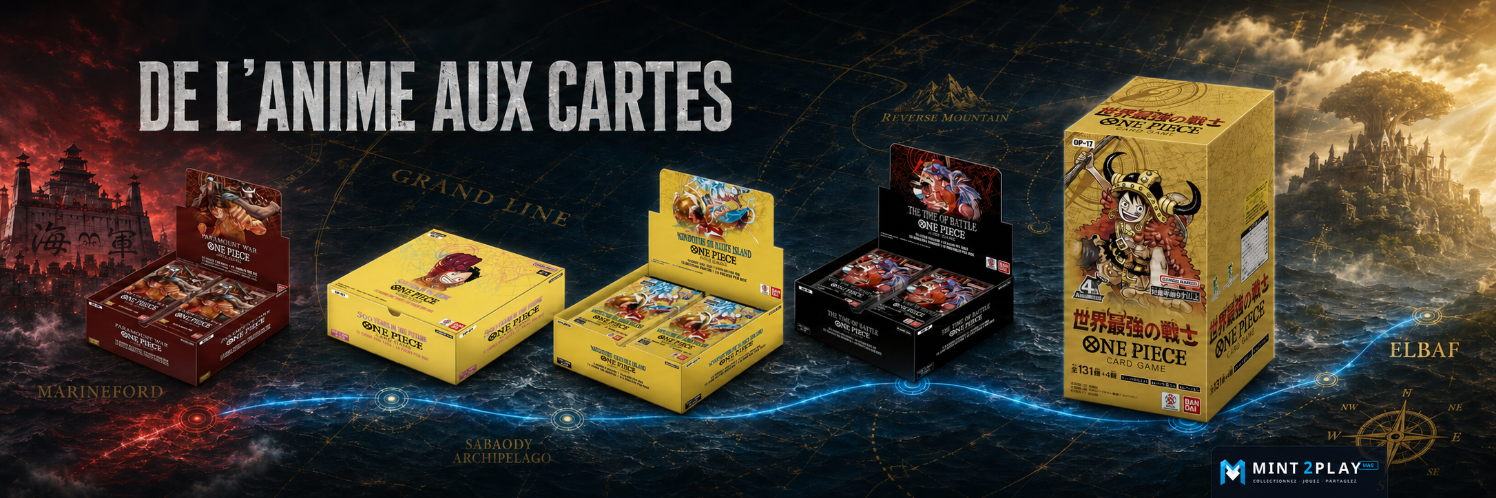 Anime One Piece et TCG avec les boosters OP02, OP07, OP15, OP16 et OP17 reliés à leurs arcs