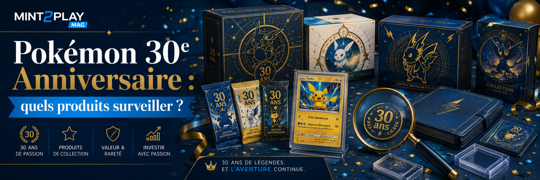 Produits Pokémon 30e Anniversaire avec coffrets boosters ETB et accessoires de collection