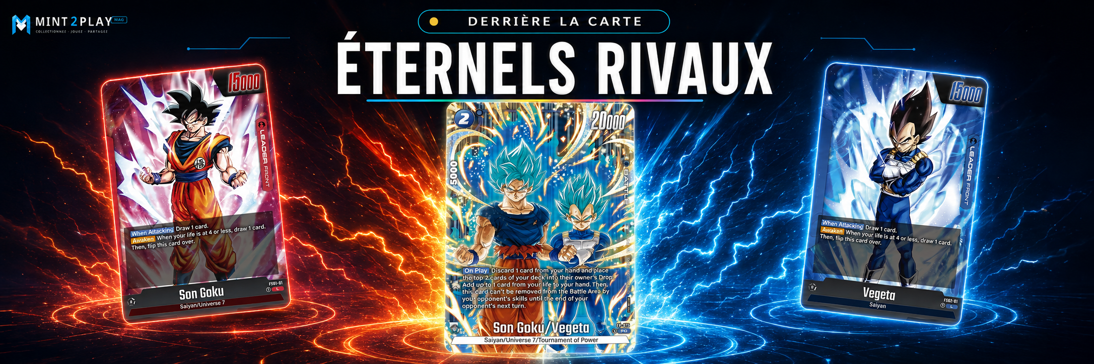 Rivalité entre Goku et Vegeta avec les cartes Fusion World FS01-01, FS02-01 et FP-075