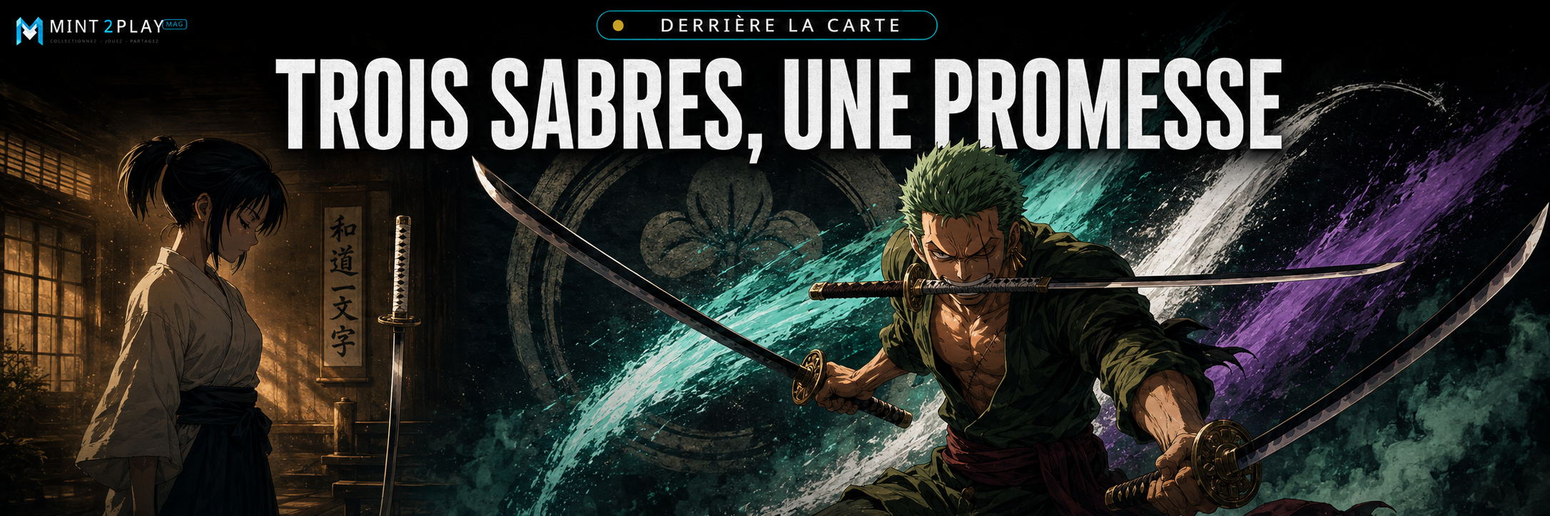 Zoro en Santoryu avec trois sabres face au souvenir de Kuina dans un dojo