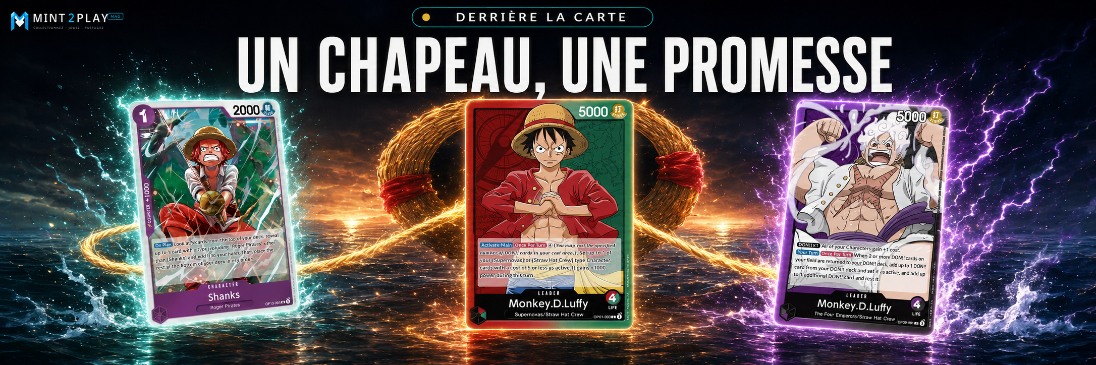 Chapeau de paille de Luffy avec les cartes Shanks OP13-065 et Luffy OP01-003 et OP09-061