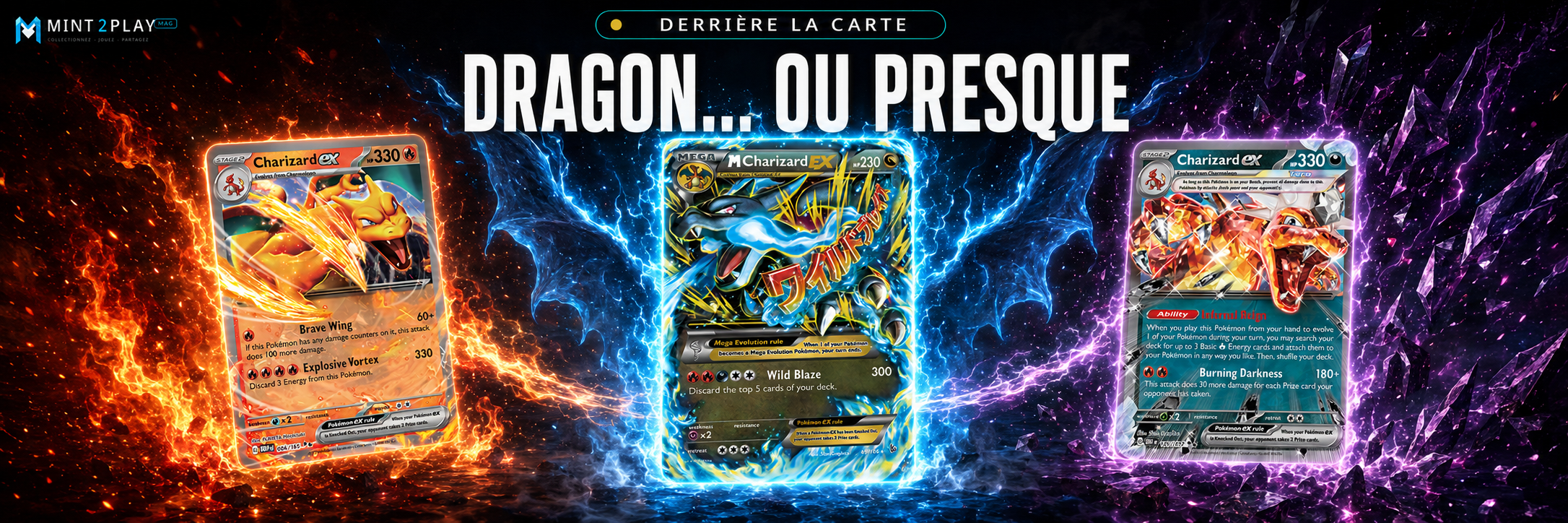 Dracaufeu type Dragon avec les cartes Dracaufeu-ex 151, M Dracaufeu-EX et Dracaufeu-ex Téracristal
