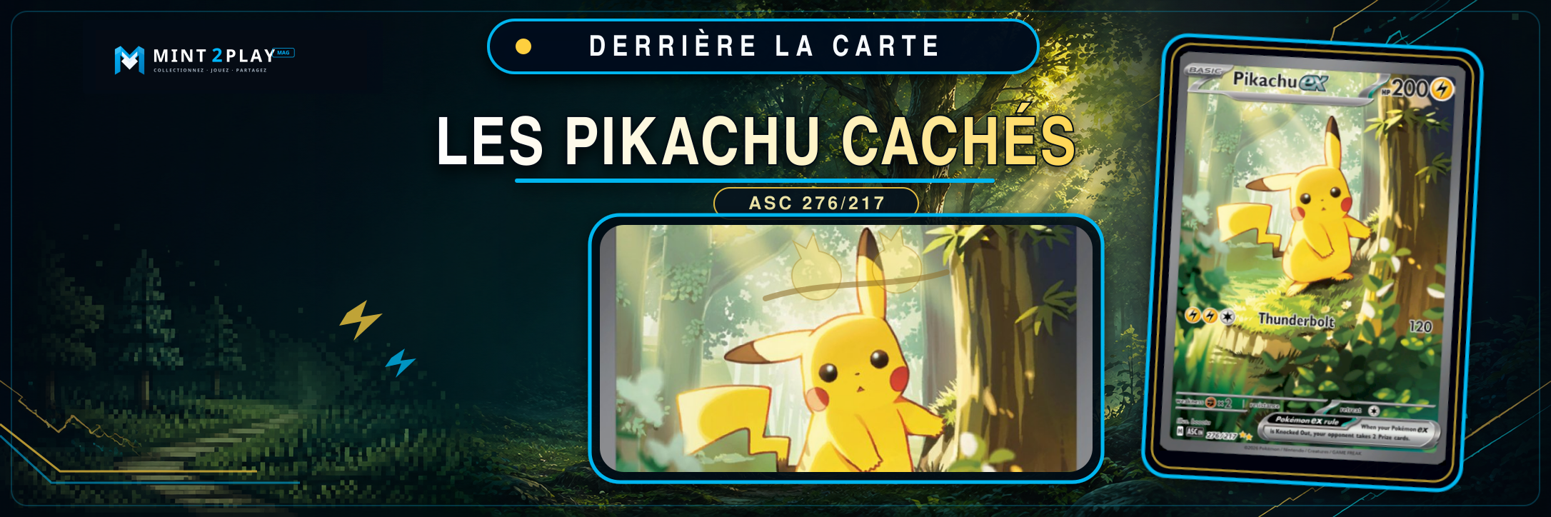 Pikachu-ex ASC 276 dans une forêt lumineuse avec deux Pikachu cachés sur une branche