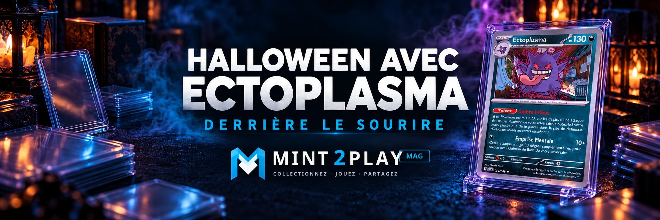 Collection de cartes Ectoplasma pour Halloween, sous protection dans une ambiance bleu nuit, cyan et violet.