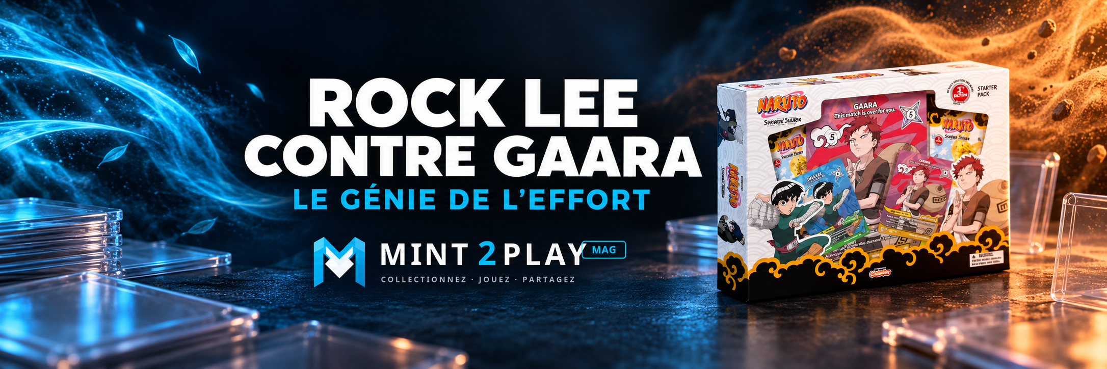 Rock Lee contre Gaara dans Naruto Mythos Set 2, avec le Special Pack Gaara et Rock Lee et des cartes protégées